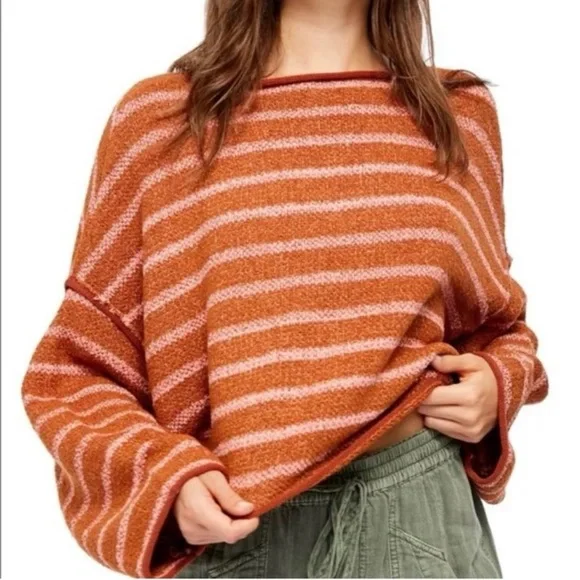 Free People Women's Sweater Bardot Terry Cotton
Blend Striped Orange Pink Small - Picture 4 of 15